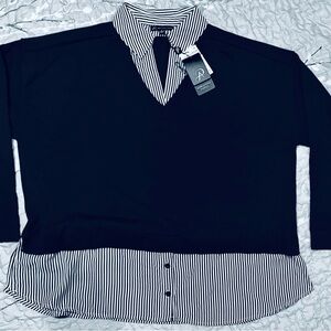 Adrianna Papell Navy Sweater Top with Striped Detail